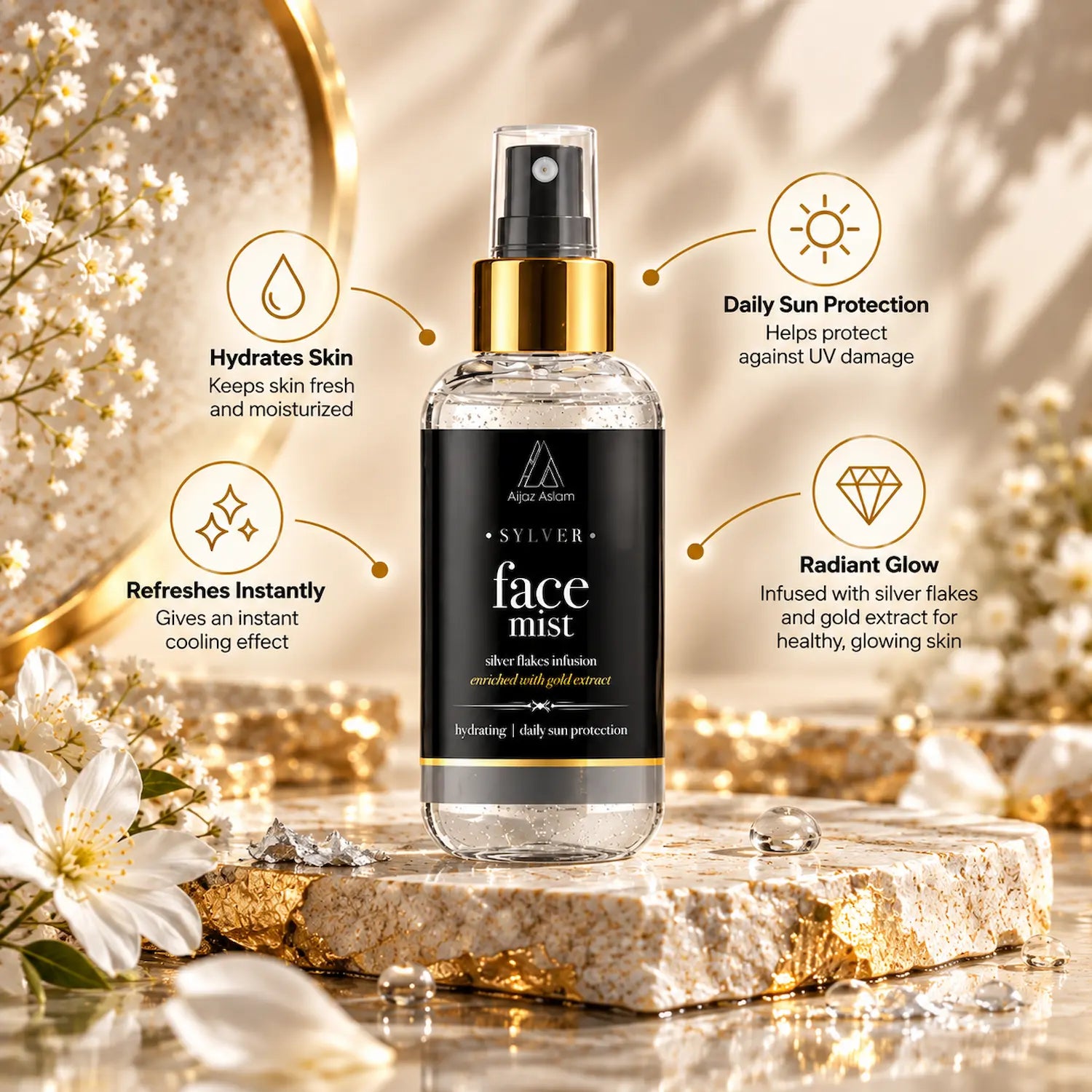 Sylver - Face Mist with Hyaluronic Acid, Silver Flakes & Gold | Aijaz Aslam