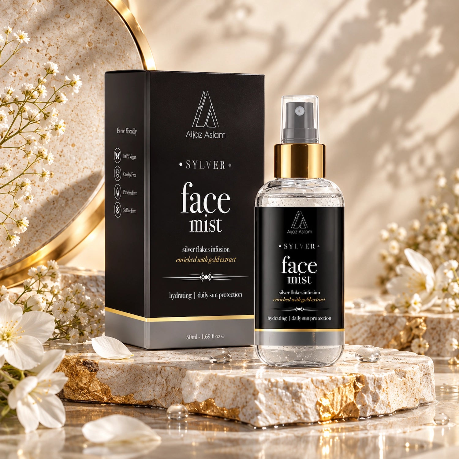 Sylver - Face Mist with Hyaluronic Acid, Silver Flakes & Gold | Aijaz Aslam