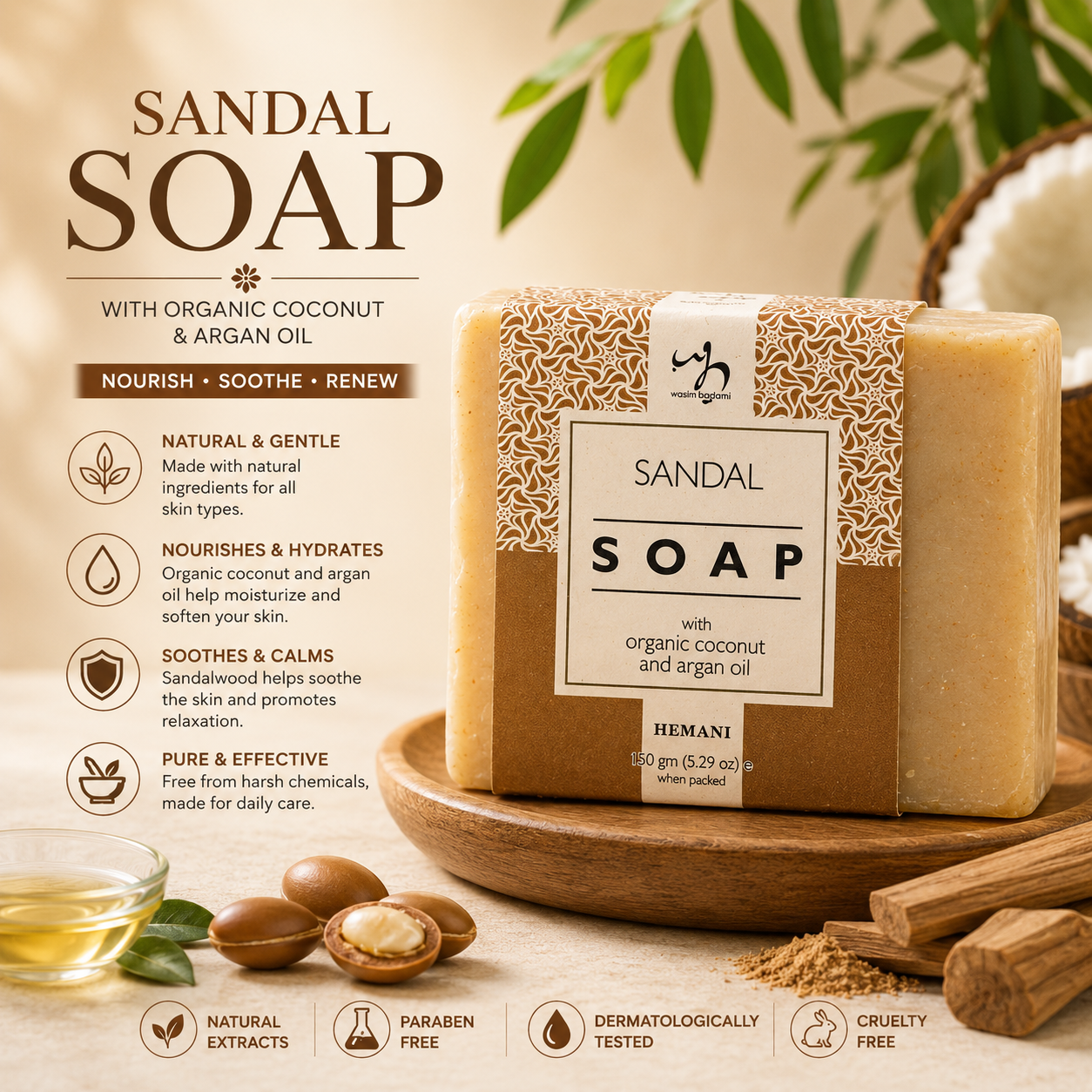Soap with Organic Argan & Coconut Oil - Sandal 150g