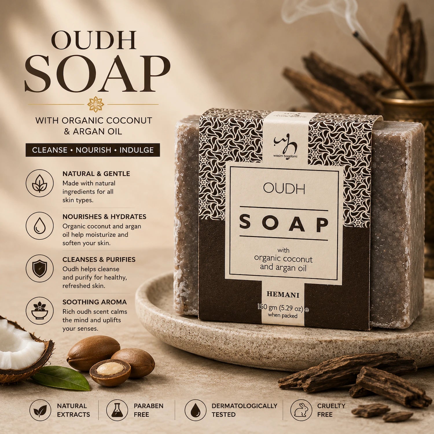 Soap with Organic Argan & Coconut Oil - Oud 150g
