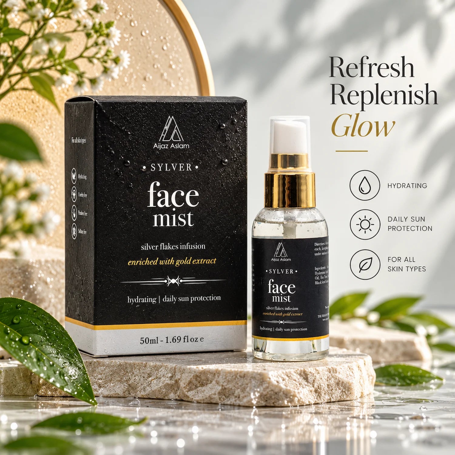 Sylver - Face Mist with Hyaluronic Acid, Silver Flakes & Gold | Aijaz Aslam